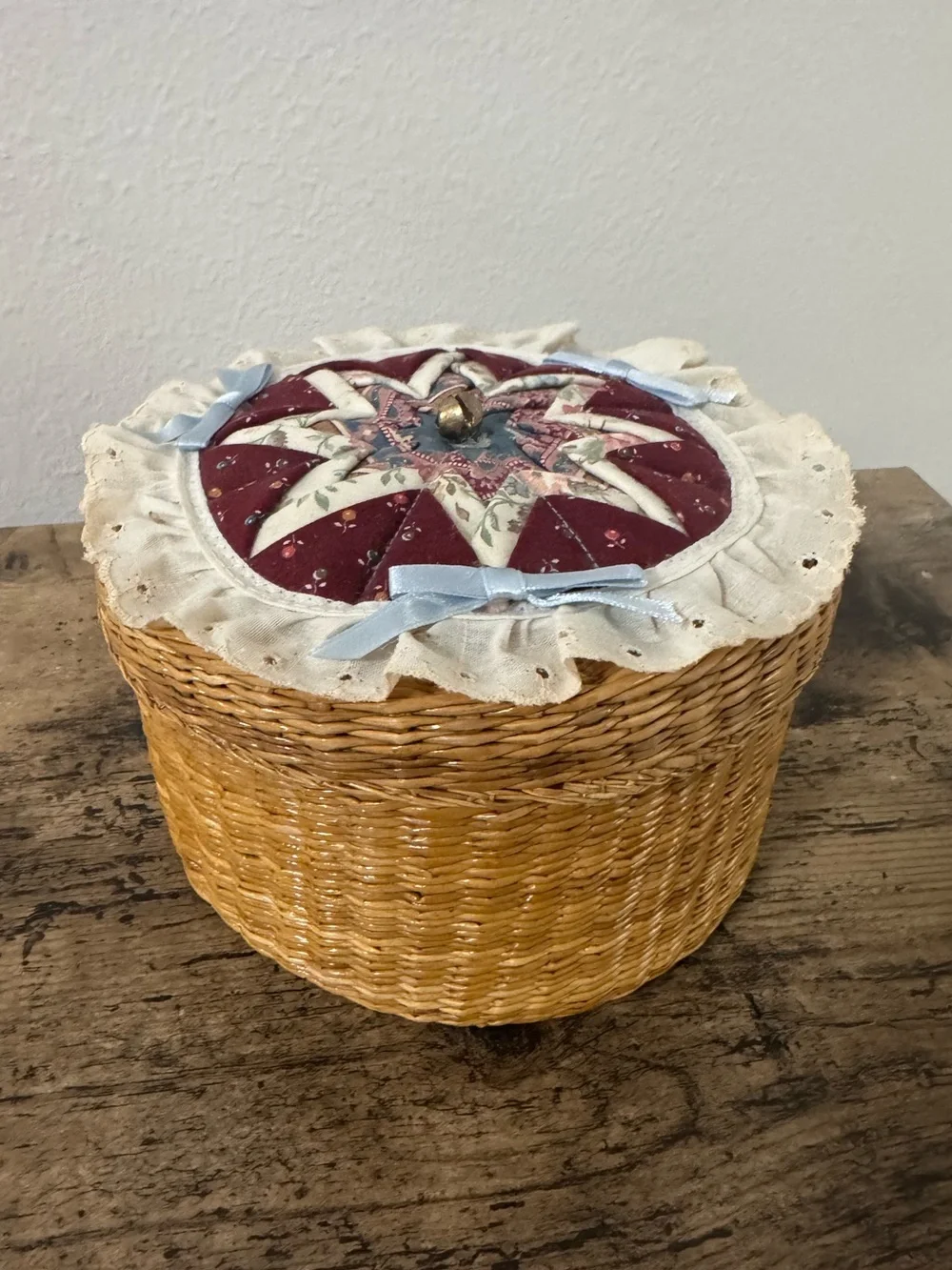Vintage Wicker Sewing Basket with Quilt Top Lid